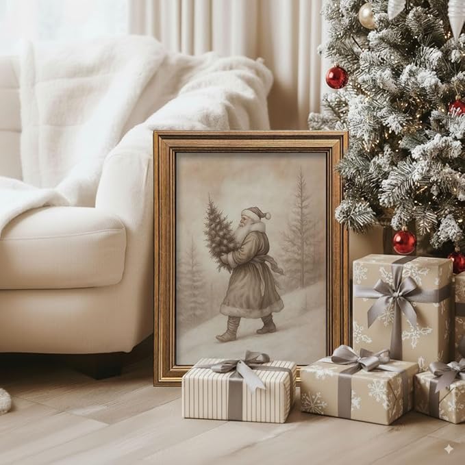 Vintage Christmas Decor Farmhouse Wall Art Gold Framed Rustic Winter Landscape Santa Pictures Painting for Home Living Room Decor (Santa, 20L" x 16W")