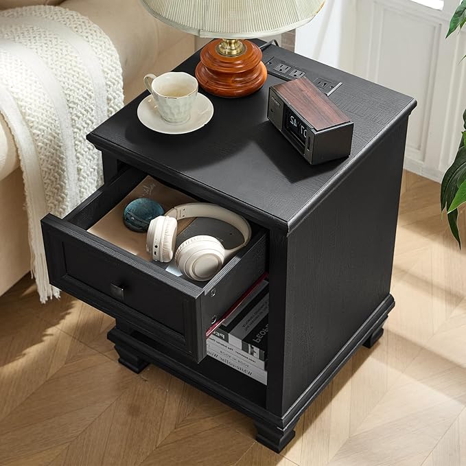 Farmhouse End Tables Living Room with Drawer, Rustic Wood Nightstand with Charging Station, Bedside Table with Open Shelf for Bed Room, Living Room, Black