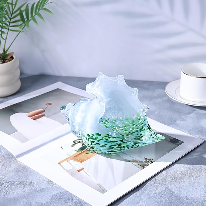 LCCCK Hand Blown Glass Conch Shell Sculpture, Sea Glass Art Figurines, Beachy Room Decor, White and Green Conch Shell Decorative Statues, Sea Shell Coastal Decor for Shelf House Room, Beachy Gifts