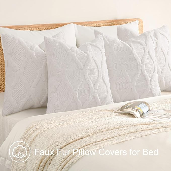 decorUhome Set of 4 Cream White Throw Pillow Covers 20x20 Inch, Neutral Decorative Soft Plush Faux Wool Couch Pillow Covers, Farmhouse Pillow Cases for Living Room Bed Sofa