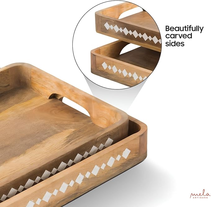 Mela Artisans Wooden Serving Tray Set of 2 with Handles | Mango Wood Decorative Trays | 15x10x1.75 & 13x9x1.75 | Ottoman Tray | Snacks | Desserts | Bread | Coffee Table | Bedroom | Rounded Edge