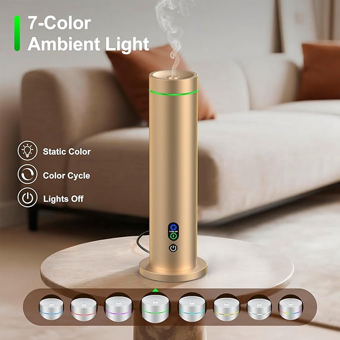 Waterless Diffuser, 1000 Sq.Ft Coverage, Essential Oil Diffuser with Tilt-Safe, Remote Control, Adjustable Mist Mode, Mood Lights Aromatherapy Diffuser for Home, Large Room, Office, Hotel, Gold