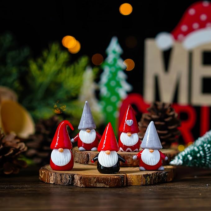 H&D HYALINE & DORA 5Pcs Glass Christmas Gnomes Figurines,Handmade Christmas Gnomes Decorations,Mini Glass Santa Figurines for Home Table Top Decor