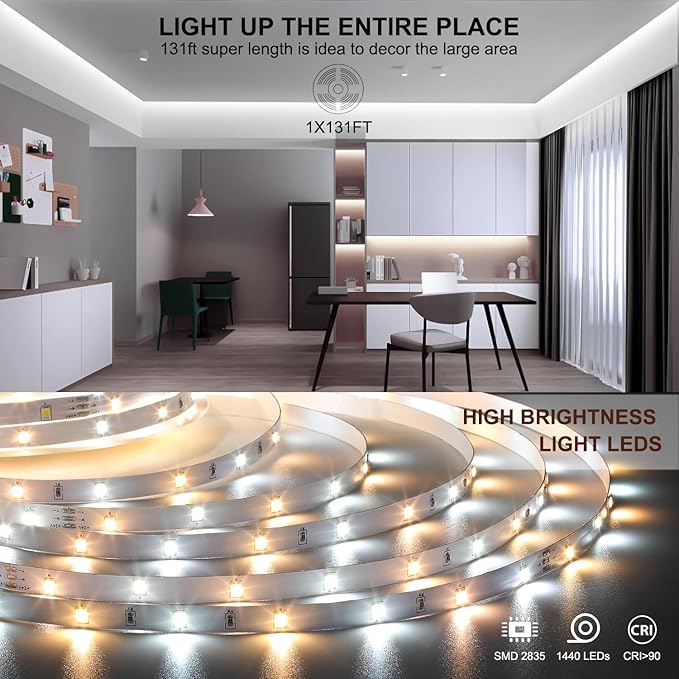 White LED Strip Lights, Dimmable Bright 24V Flexible Tape Light with Remote and App Control, UL-Listed Power Supply, 2700K-6500K White Lights for Bedroom (1 Rolls of 131ft)