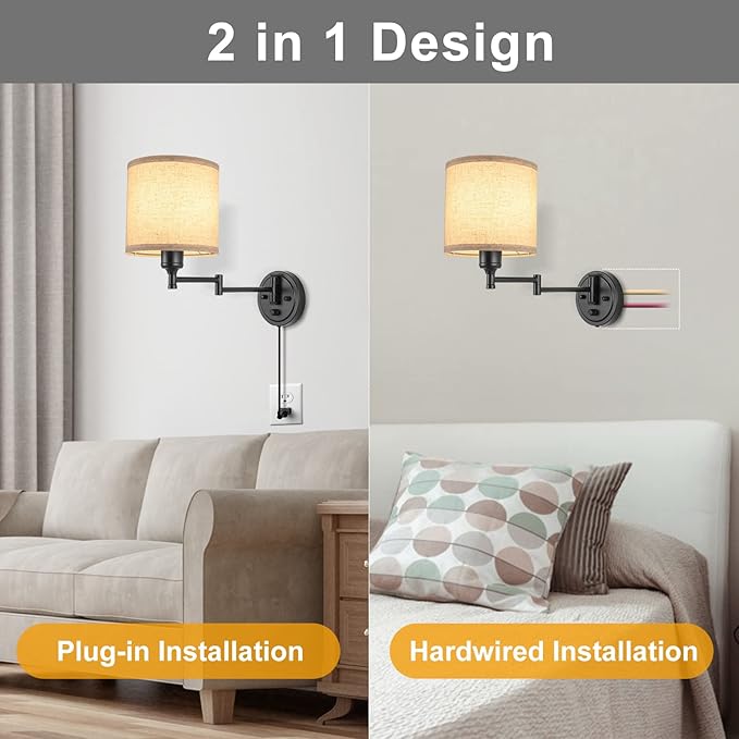 ENCOMLI Dimmable Plug in Wall Sconces, Swing Arm Wall Lamp, Wall Sconces Set of Two, Plug in Wall Light, Sconces Wall Decor Set of 2, Linen Fabric Shade, 2pcs Bulbs Included