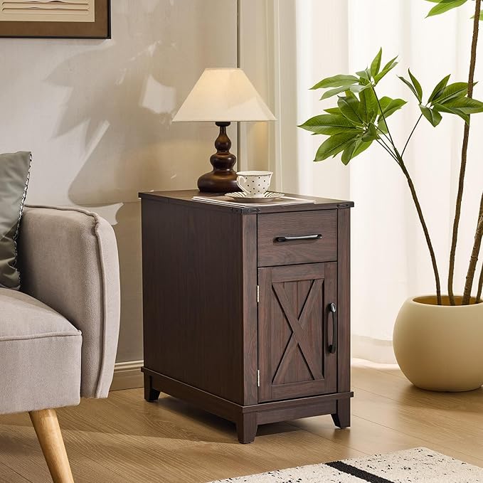 EROMMY Farmhouse End Table with Charging Station, Narrow Side Table for Living Room, Nightstand with Drawer and Storage Cabinet, Adjustable Shelf, Choco