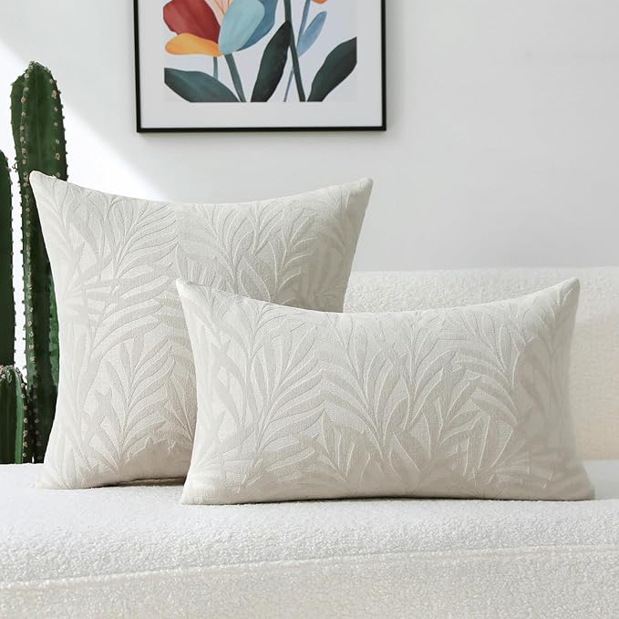 FUTEI Beige Decorative Throw Pillow Covers 26x26 Inch Set of 2,Soft Chenille Phoenix Tail Leaf Textured Euro Pillow Shams,Modern Home Decor for Couch Bed Living Room