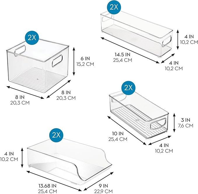 iDesign Fridge Storage Bin Set - Includes Bins with Handles and Water Bottle Holder, Set of 8, Clear