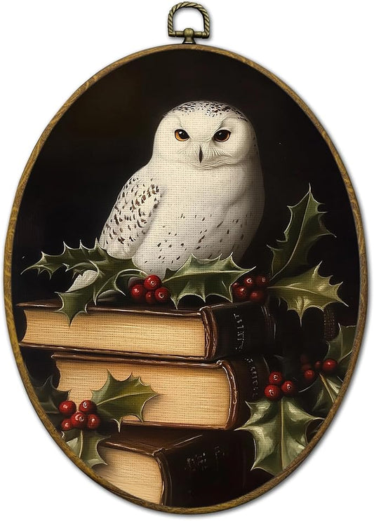 QZQE Christmas Owl Oval Wall Art Decor Framed, Bookish Dark Academia Oval Canvas Prints, Rustic Winter Decor, Gothic Xmas Festive Owl Wall Hanging Decor for Gallery Home Bedroom, 8.6x11.4 Inch