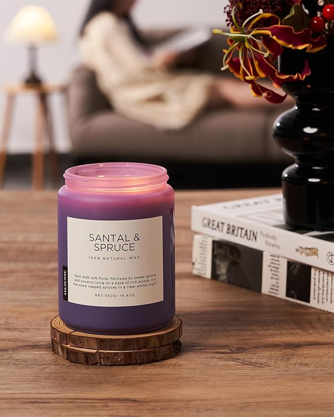 M&SENSE Santal Spruce Coconut Soy Candles for Home Scented, 19.4oz 110 Hour Slow Burning Large Candle Gift for Stress Relief, Meditation, Relaxing SPA, Best Smelling Christmas Gifts