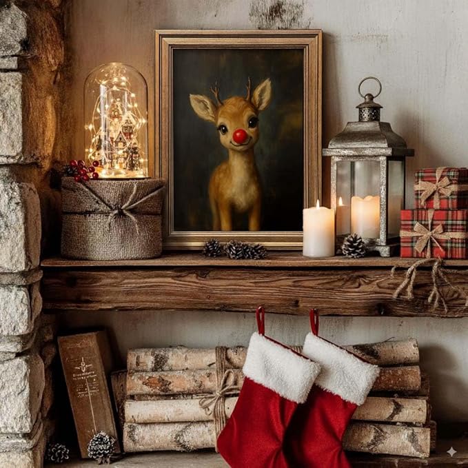 Vintage Christmas Wall Art Decor Gold Framed Art Funny Clown Reindeer Picture Painting for Home Living Room Decor Holiday Gift (Reindeer, 20L" x 16W")