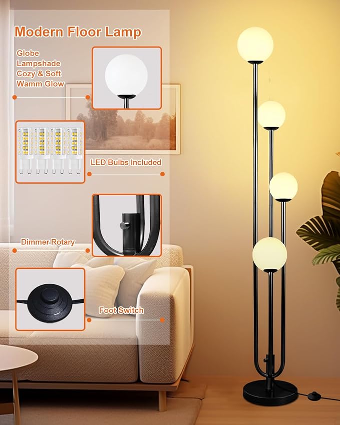 Lightdot Black Globe Floor Lamp 4-Lights Dimmable Floor Lamps with Tray 3000K Bulbs Included Unique Candle Standing Lamp for Living Room/Bedroom
