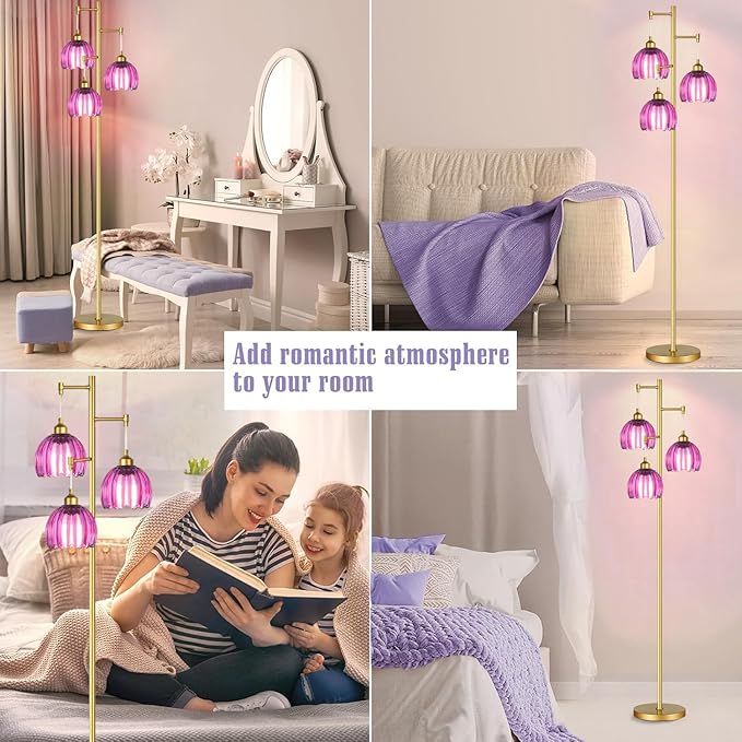 Gold Floor Lamp for Living Room Bedroom-3 Light Modern Floor Lamp with Glass Lampshape, Flower Tall Lamp Glass Standing Lamp Tree Floor Lamps for Living Room Bedroom,Corner