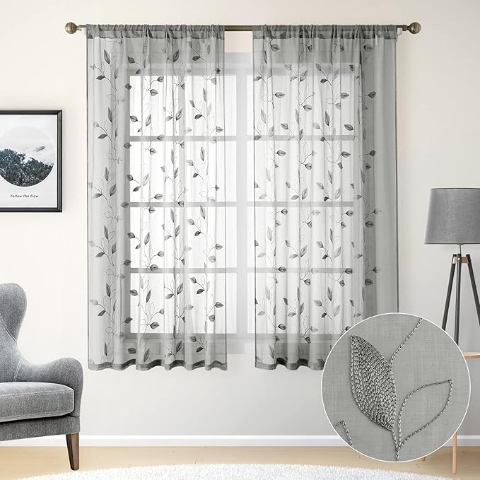 HOMEIDEAS Light Grey/Gray Sheer Curtains 52 X 63 Inches Length 2 Panels Embroidered Leaf Pattern Pocket Faux Linen Floral Semi Sheer Voile Window Curtains/Drapes for Bedroom Living Room