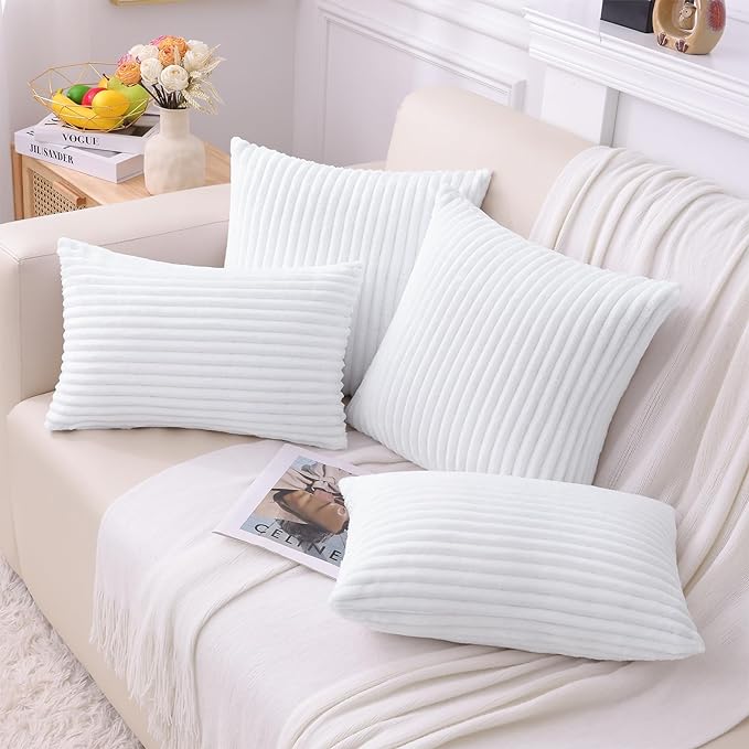 Simmore Decorative Fall Throw Pillow Covers 12x20 Set of 2, Soft Natural Plush Flannel Double-Sided Fluffy Lumbar Pillow Covers for Couch Sofa Living Room, White
