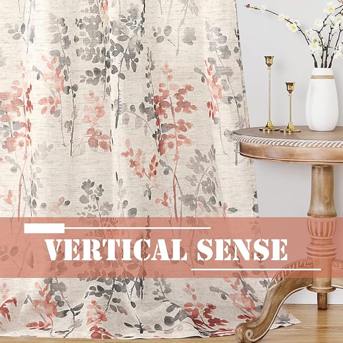 H.VERSAILTEX Linen Sheer Curtains for Living Room Sheer Panels 63 Inches Long Light Filtering Tab Top Window Treatment Drapes for Bedroom, 2 Panels, Vintage Classical Floral Print Coral and Taupe