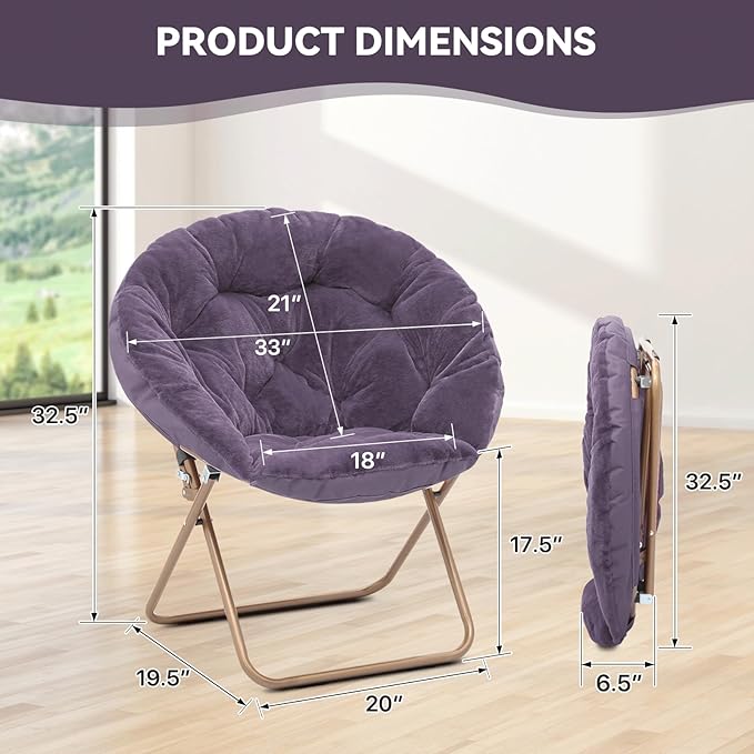 Magshion Saucer Chair for Adults, Comfy Living Room Lounge Chair for Bedroom Corner, Dorm, Apartment, Faux Fur Fluffy Circle Accent Seat with Thick Padded & Folding Metal Frame (Purple, Set of 2)
