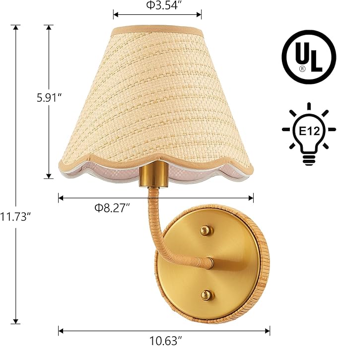 Elycucpa Boho Hand Woven Rattan Wall Sconces Set of Two Rustic Industrial Wall Lamp Brass Farmhouse Wall Lights for Bedroom Living Room Hallway Vanity, Dia 11”, UL Listed