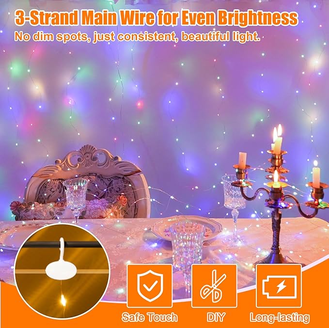 600LED Multicolor Curtain Lights for Bedroom, 19.6ft x 9.8ft Fairy Curtain String Light with 24 Hooks, 8 Modes Hanging Lights for Wedding, Party, Backdrop, Window, Xmas Decor