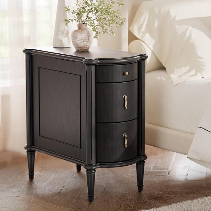 STO'SENSE Nightstand w/Charging Station & 3 Drawers, Pre-Assembled, Vintage Side Table w/Antique-Finished Pulls, Rustic Wood Finish, Narrow End Table w/Turned Legs for Bedroom (1, Black)