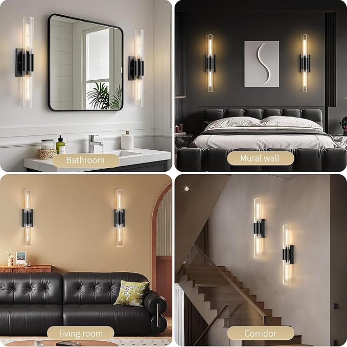 Bathroom Wall Sconces Set of Two Black , 21" Modern 2-Light Vanity Light Tube Wall Sconce, Clear Glass Indoor Hardwired Mounted Lamps for Living Room,Bedroom,Hallway-Black Clear (Bulb Not Included)