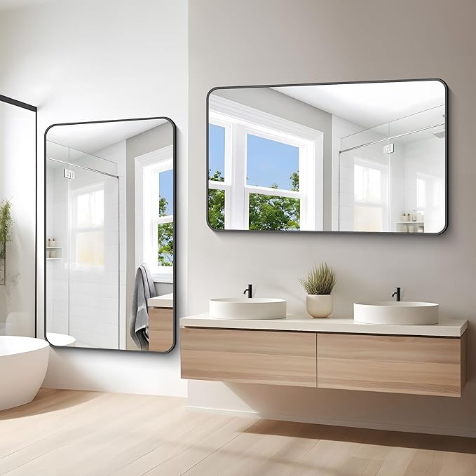 BONEWEI 60x36 inch Large Bathroom Mirror,Black Rectangle Mirror,Wall Mounted Bathroom Frame Vanity Mirror with Round Corner for Bedroom Living Room, Entryway Hangs Horizontal or Vertical