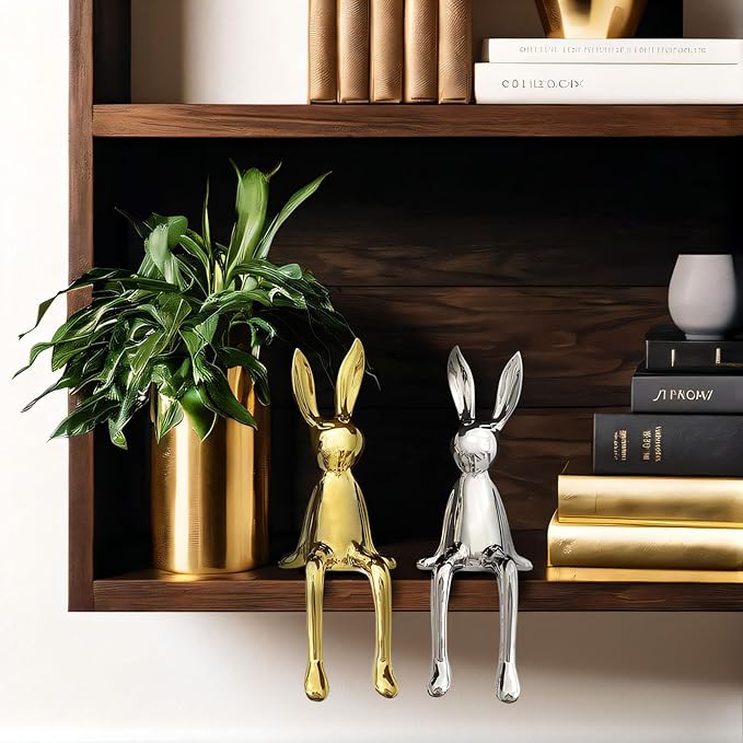 2-Piece Rabbit Decor Sculptures - Home, Office, Living Room, Bedroom - Accents, Decorations, Figurines - Small Statues for Bookshelf, Desk - Ideal Gifts (Gold, Silver)