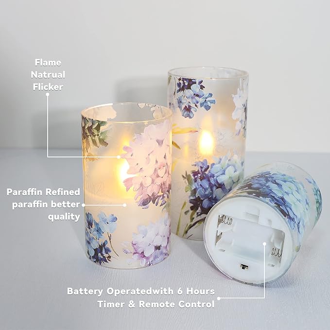 Blue Violet Hydrangea Flameless Candles LED Flicker with Remote DIM Love Theme Summer Spring Decorative Glass Decor Wedding Date Proposal Dinner Table Home Gift for Lover