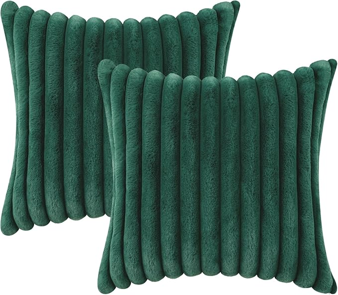 decorUhome Faux Fur Christmas Throw Pillow Covers 20x20 Set of 2, Decorative Soft Plush Striped Neutral Couch Euro Pillow Covers with Velvet Back for Sofa, Bed, Living Room Home Decor, Christmas Green