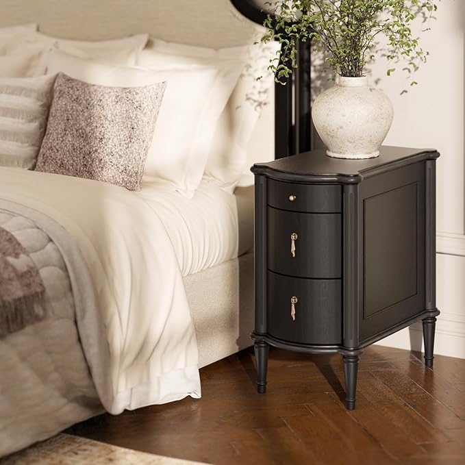 STO'SENSE Nightstand w/Charging Station & 3 Drawers, Pre-Assembled, Vintage Side Table w/Antique-Finished Pulls, Rustic Wood Finish, Narrow End Table w/Turned Legs for Bedroom (1, Black)