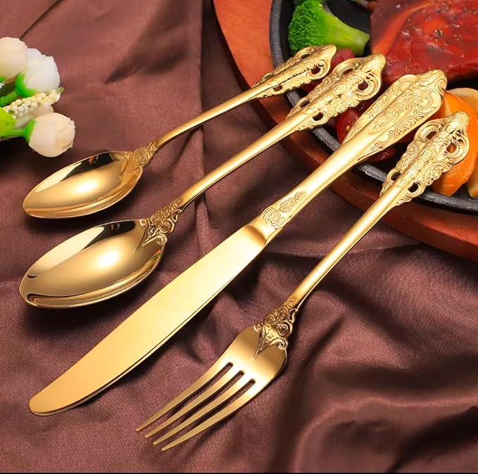 20-Pcs Luxury Silverware Set, Royal Flatware Set, Modern 304 Stainless Steel Flatware, Cutlery, Tableware (Gold, 20)