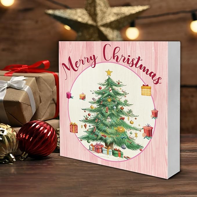 Pink Christmas Wooden Sign - Merry Christmas Home Decor, 5 x 5 Inch