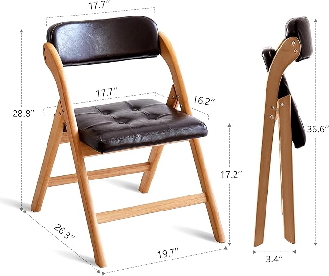 2 Pack Wooden Folding Chair with Padded Seat Stackable Wooden Foldable Chair, Folding Chairs with Cushion for Guests Kitchen, Bedroom, Office, Wedding, Library, Party, Picnic (Natural Brown)