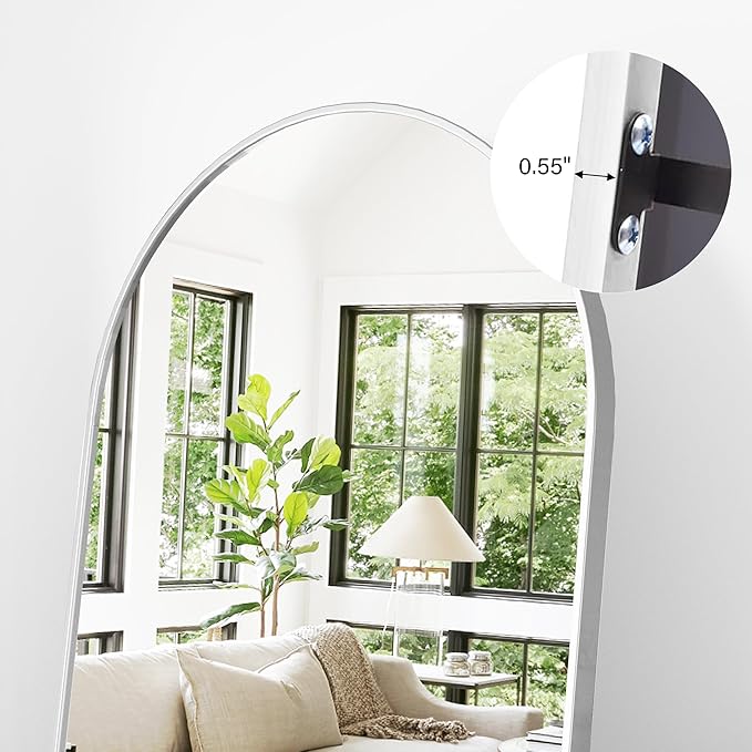 Arched Floor Mirror, 56"x20" Full Length Mirror, Standing Mirror Hanging or Leaning, Body Mirrors with Stand, Wall Mounted Mirror, Arched-Top Mirrors with Aluminum Frame for Bedroom (White)