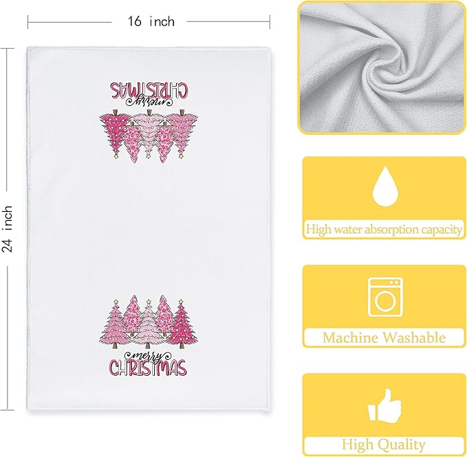 Pink Christmas Tree Hand Towels for Bathroom Decor, Christmas Tree Kitchen Towels Dish Towels for Kitchen, 16x24 Inch