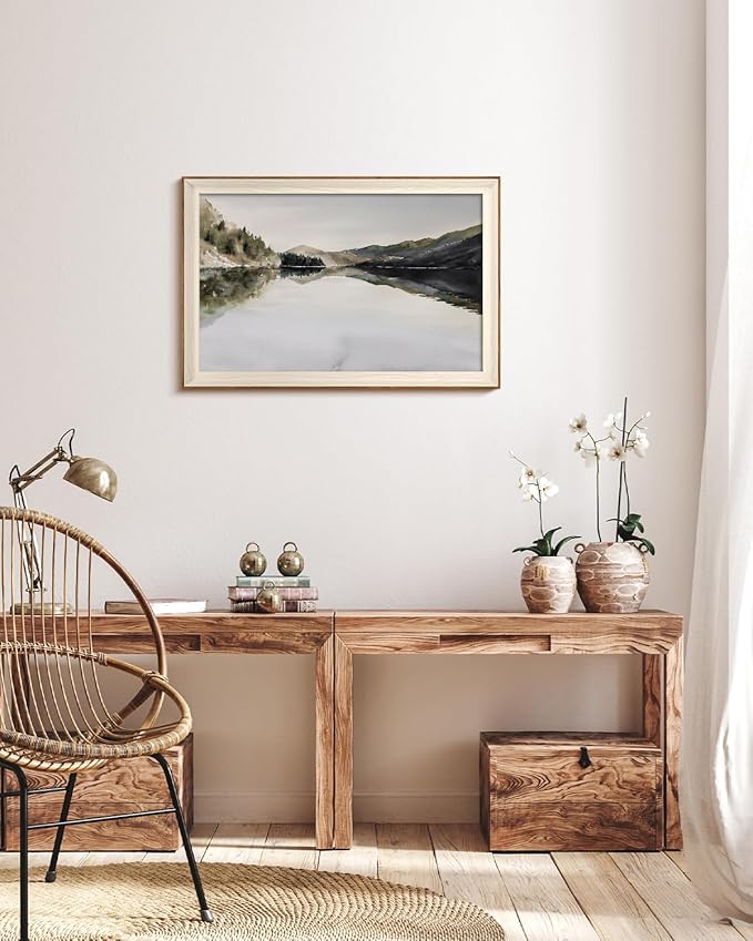 InSimSea Framed Canvas Wall Art Mountain Reflection Decor Vintage Wall Art Mountain Range Nature Wilderness Art Decorative Rustic for Living Room, Bedroom, Office Wall Decor 24X36In