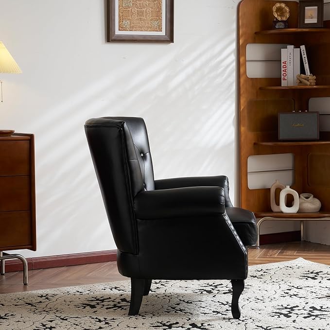 Modern Faux Leather Accent Chair, Upholstered Mid-Century Armchair with Solid Wood Legs, Single Sofa Chair for Living Room, Bedroom, or Reading Room(Black)