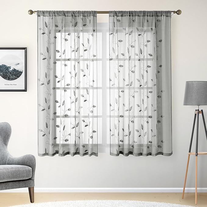 HOMEIDEAS Grey/Gray Sheer Kitchen Curtains 52 x 54 Inch Length 2 Panels Embroidered Leaf Pattern Short Curtains for Bedroom Half Small Window Rod Pocket Tiers