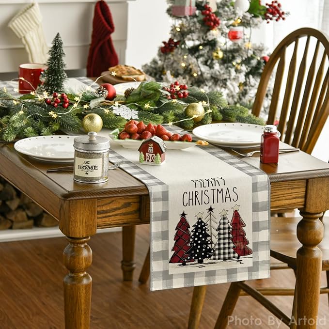 Artoid Mode Waterclor Grey Buffalo Plaid Christmas Trees Merry Xmas Table Runner, Seasonal Winter Holiday Kitchen Dining Table Decoration for Indoor Outdoor Home Party Decor 13 x 120 Inch