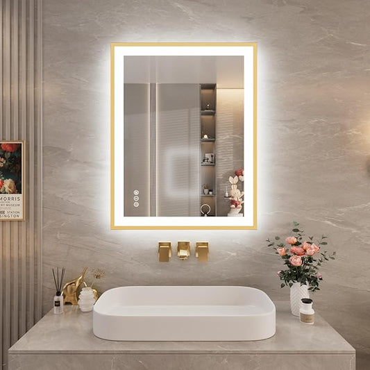 28x36 LED Bathroom Mirror with Gold Frame, Backlit and Front Lighted Bathroom Mirrors for Wall, Anti-Fog, Dimmable, Memory, Shatterproof, LED Vanity Mirror for Bathroom(Horizontal/Vertical)