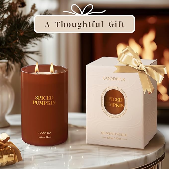 Goodpick Spiced Pumpkin Candles, Fall Scented Candles for Home, 22oz Soy Wax, Warm Cinnamon & Clove 120hrs, Cozy Autumn Gift