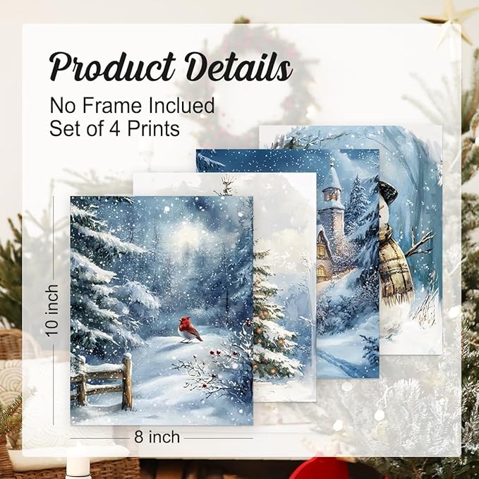 Wheatwin Winter Wonderland Vintage Christmas Wall Art Prints Set of 4, Blue Christmas Tree Snowman Wall Decor, Winter Xmas Decor for Home Bedroom Living Room, 8x10 (Unframed)