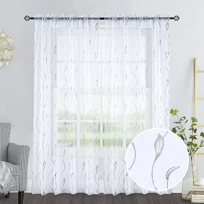 Silver Foil Print Sheer Curtains 84 inches Long, 2 Panels Ginkgo Bronzing Treatment Sheer Curtain, Rod Pocket Window Treatment Panels for Bedroom Living Room