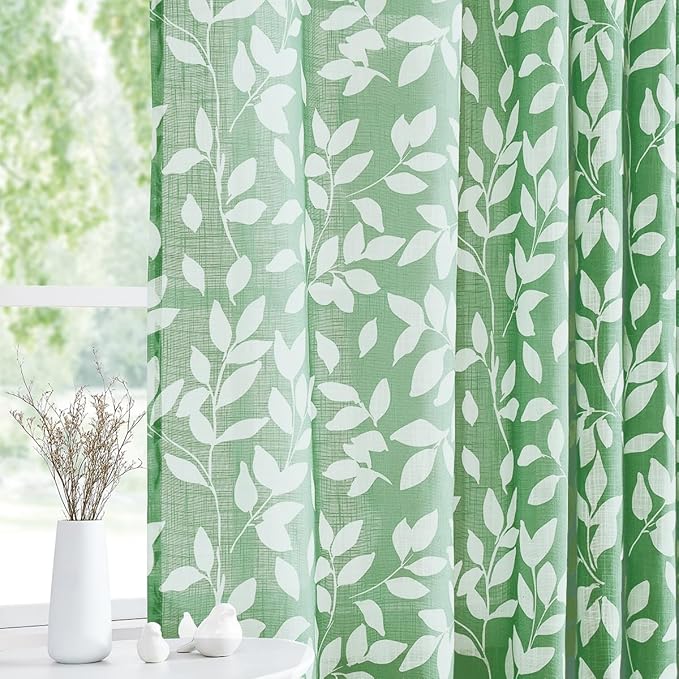 White Green Curtains for Living Room 72" Length Leaf Print Semi-Sheer Curtains for School Bedroom Windows, Grommet Top, 2 Pack