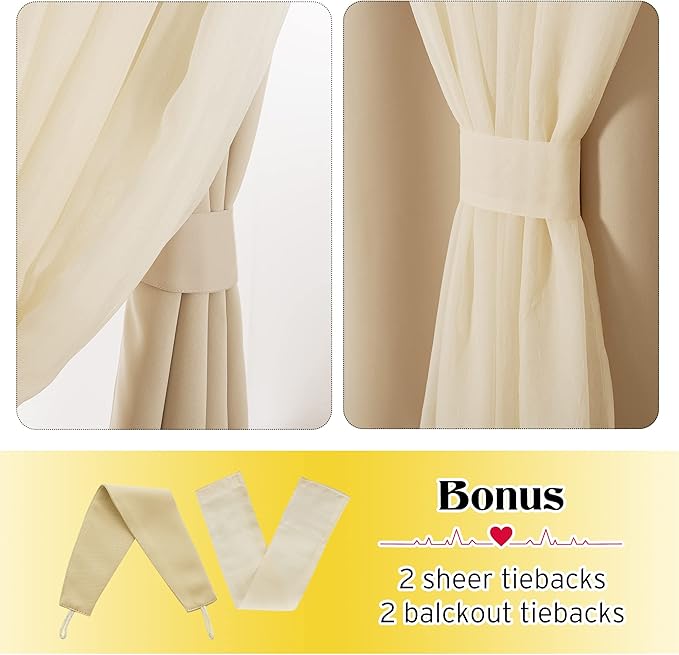 NICETOWN Bedroom Nursery Biscotti Beige Curtains Double-Layered Sheer & Blackout Panels with Free Tie-Backs, Home Decor Window Drapes for Kids (2 Panels, 52 inches Wide x 72 inches Long)