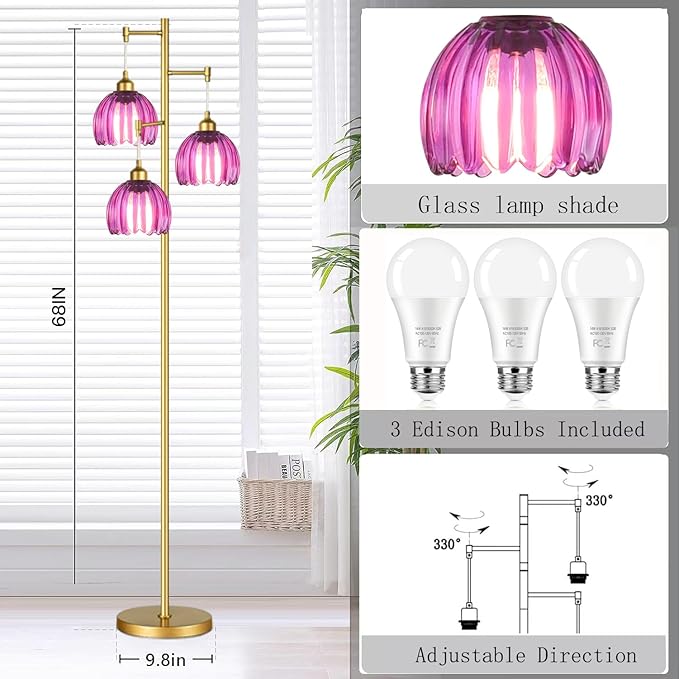 Gold Floor Lamp for Living Room Bedroom-3 Light Modern Floor Lamp with Glass Lampshape, Flower Tall Lamp Glass Standing Lamp Tree Floor Lamps for Living Room Bedroom,Corner