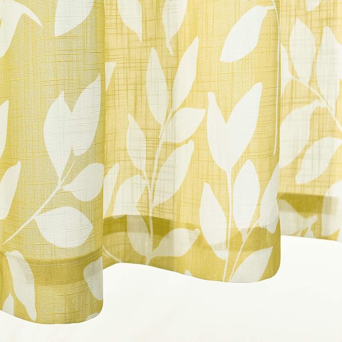 Treatmentex Semi-Sheer Curtains for Living Room Windows 95" Long White and Yellow Leaf Print Curtains for Girl's Room, Bedroom Grommet Top Curtain Panels, Mustard Yellow, 1 Pair