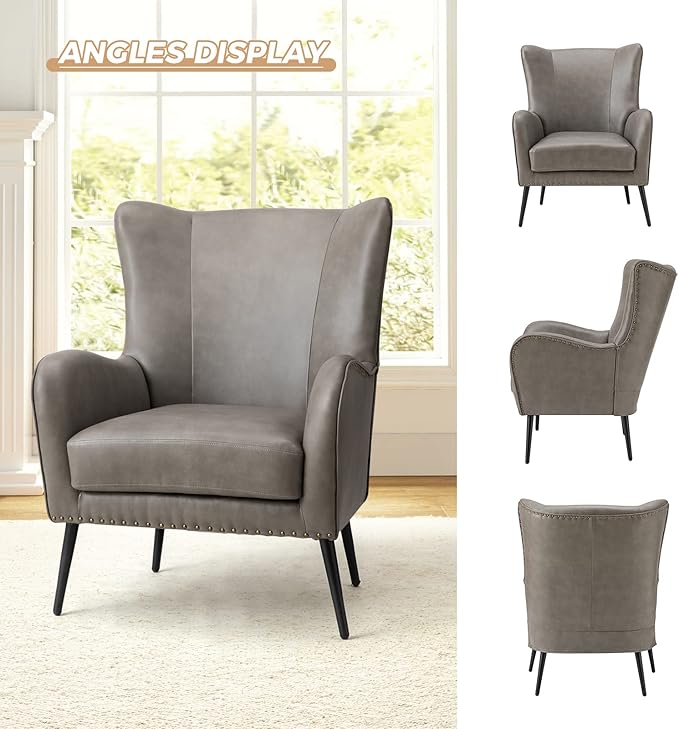 HULALA Home Faux Leather Accent Chair w/Removable Cushion, Comfy Upholstered Armchair with Black Metal Legs & Nailhead Trim Wingback Vanity Chair Desk Chair for Reading Living Room Bedroom, Grey