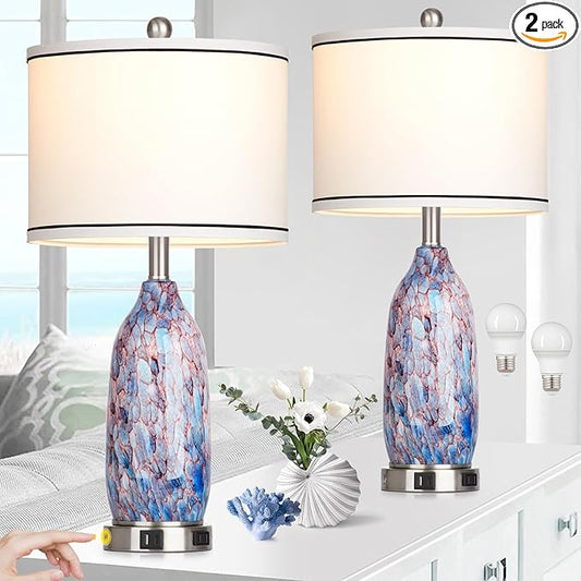 26" Coastal Glass Table Lamps Set of 2,Nautical lamp with USB A+C Ports & AC Outlet,Bule Bedside Lamps with 3-Way Dimmable Touch Control Night Light for Bedroom Living Room(Bulbs Included)