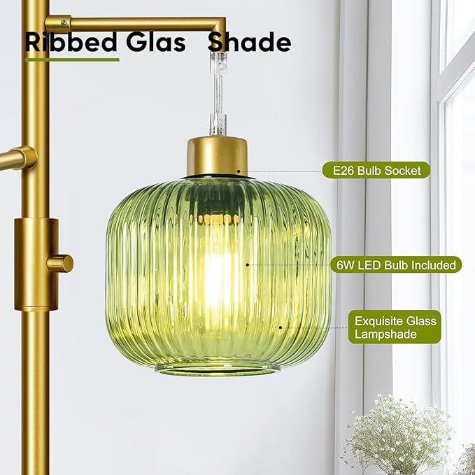 Glass Floor Lamps for Living Room, Stepless Dimmable Tree Standing Lamp with Green Lamp Shape, 69In Modern Tall Lamps for Bedroom, Rotary Switch, 3×600LM LED Bulbs Included